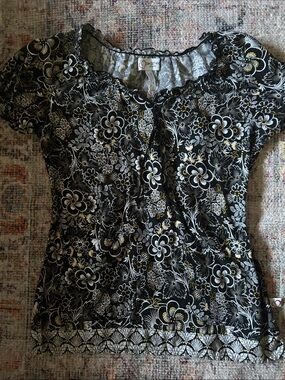 Peaches Uniforms Black Floral Scoop Neck Top with Gold Accents